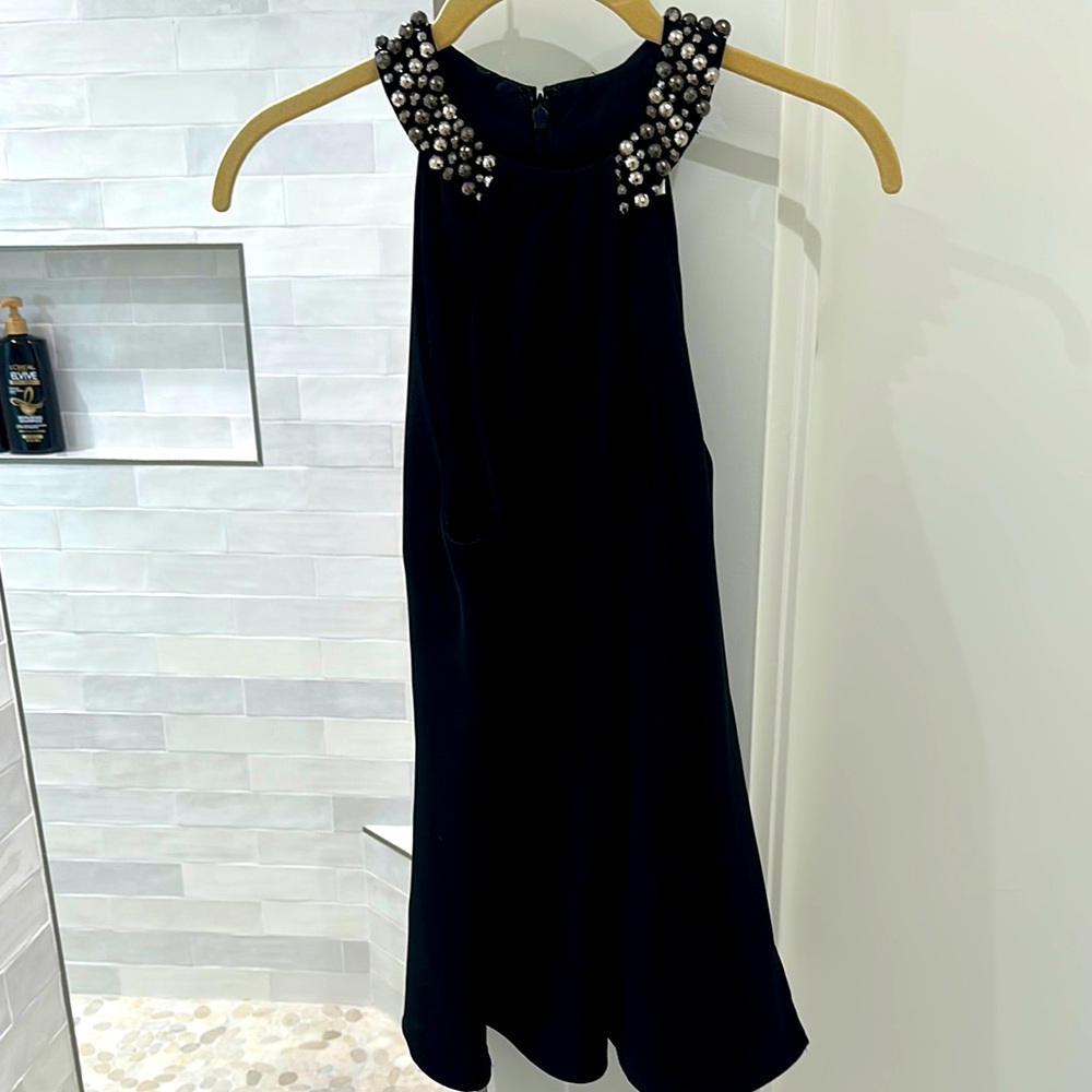 NWOT Eliza J Black Blouse with Beaded Neckline Accent.